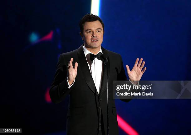 Actor-director Seth MacFarlane speaks onstage during the 2015 Jaguar Land Rover British Academy Britannia Awards presented by American Airlines at...