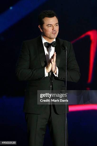 Actor-director Seth MacFarlane speaks onstage during the 2015 Jaguar Land Rover British Academy Britannia Awards presented by American Airlines at...