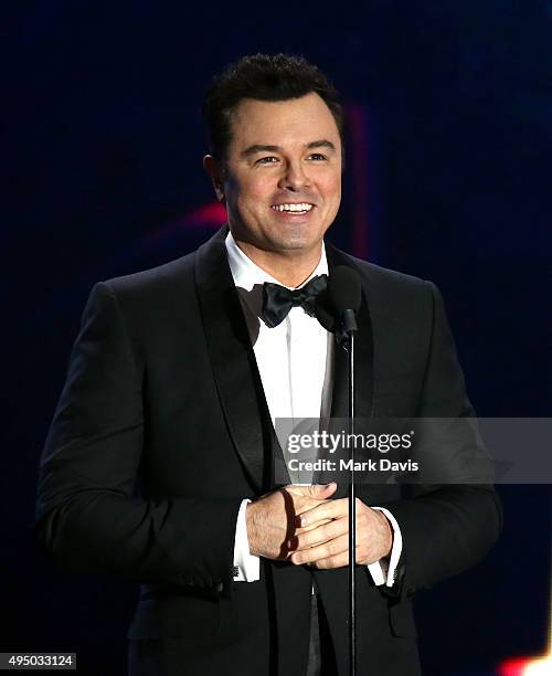 Actor-director Seth MacFarlane speaks onstage during the 2015 Jaguar Land Rover British Academy Britannia Awards presented by American Airlines at...