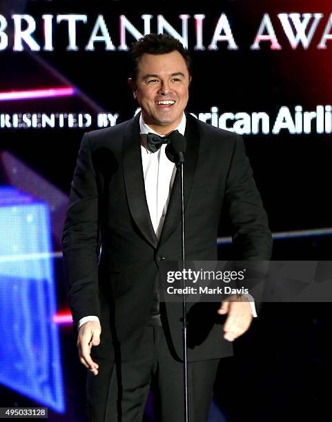 Actor-director Seth MacFarlane speaks onstage during the 2015 Jaguar Land Rover British Academy Britannia Awards presented by American Airlines at...