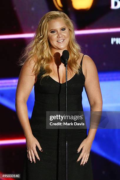 Honoree Amy Schumer accepts the Charlie Chaplin Britannia Award for Excellence in Comedy onstage during the 2015 Jaguar Land Rover British Academy...