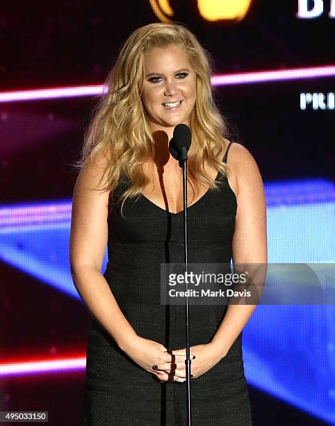 Honoree Amy Schumer accepts the Charlie Chaplin Britannia Award for Excellence in Comedy onstage during the 2015 Jaguar Land Rover British Academy...