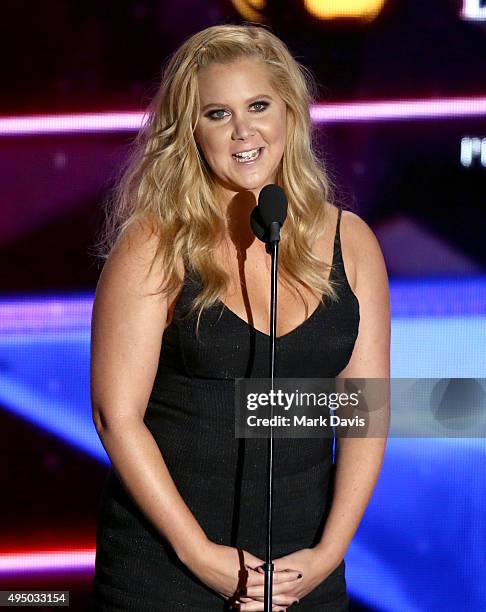 Honoree Amy Schumer accepts the Charlie Chaplin Britannia Award for Excellence in Comedy onstage during the 2015 Jaguar Land Rover British Academy...