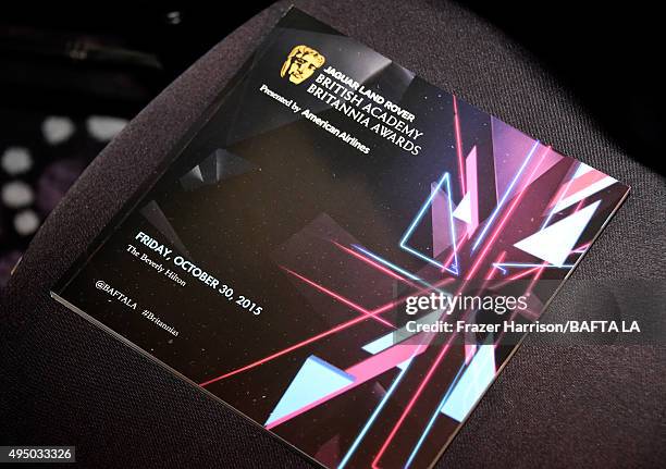 Program booklet displayed the 2015 Jaguar Land Rover British Academy Britannia Awards presented by American Airlines at The Beverly Hilton Hotel on...