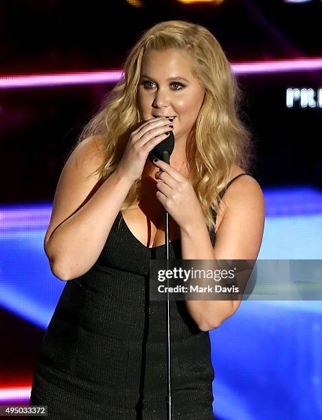 Honoree Amy Schumer accepts the Charlie Chaplin Britannia Award for Excellence in Comedy onstage during the 2015 Jaguar Land Rover British Academy...