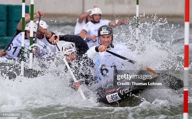 Gold medalist Pavol Hochschorner and Peter Hochschorner of Slovakia complete the final heat at the Canoe Double Men Teams during the European Canoe...