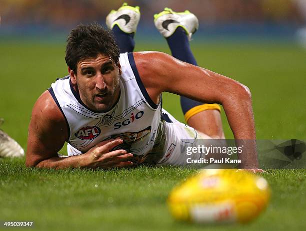 Dean Cox of the Eagles watches the ball roll to the boundary during the round 11 AFL match between the West Coast Eagles and the North Melbourne...