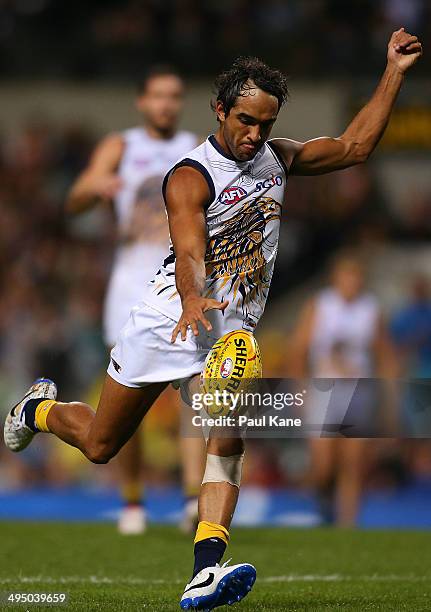 Jamie Bennell of the Eagles passes the ball during the round 11 AFL match between the West Coast Eagles and the North Melbourne Kangaroos at...