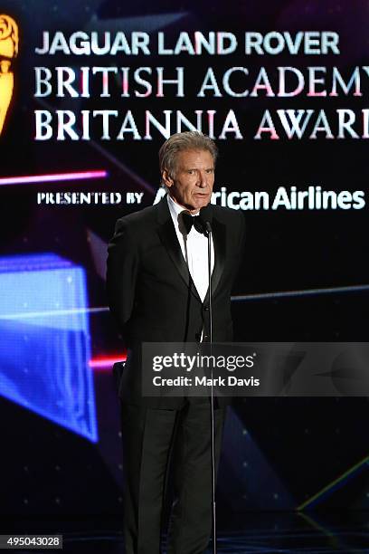 Honoree Harrison Ford accepts the Albert R. Broccoli Britannia Award for Worldwide Contribution to Entertainment onstage during the 2015 Jaguar Land...