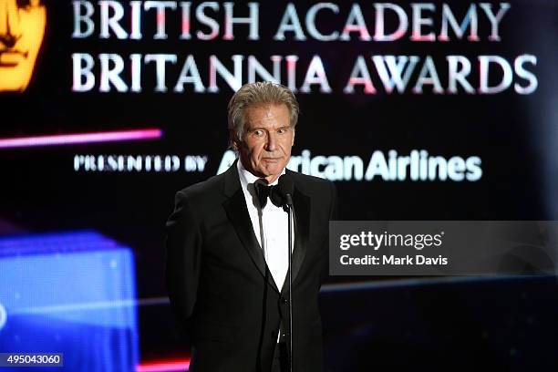 Honoree Harrison Ford accepts the Albert R. Broccoli Britannia Award for Worldwide Contribution to Entertainment onstage during the 2015 Jaguar Land...