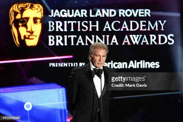 Honoree Harrison Ford accepts the Albert R. Broccoli Britannia Award for Worldwide Contribution to Entertainment onstage during the 2015 Jaguar Land...