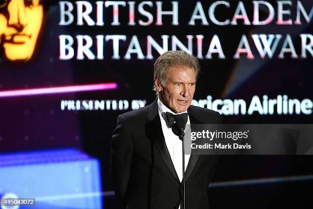 Honoree Harrison Ford accepts the Albert R. Broccoli Britannia Award for Worldwide Contribution to Entertainment onstage during the 2015 Jaguar Land...