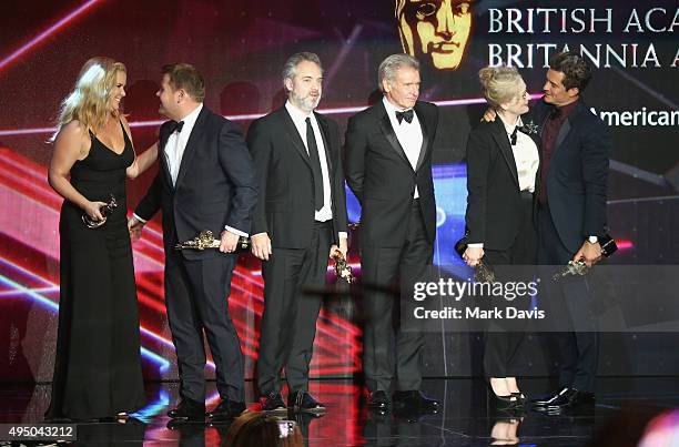 Honorees Amy Schumer , James Corden , Sam Mendes , Harrison Ford , Meryl Streep and Orlando Bloom stand onstage during onstage during the 2015 Jaguar...