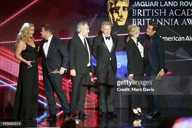 Honorees Amy Schumer , James Corden , Sam Mendes , Harrison Ford , Meryl Streep and Orlando Bloom stand onstage during onstage during the 2015 Jaguar...