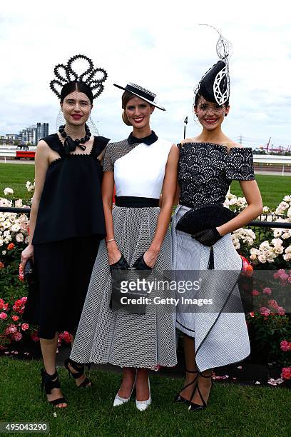 Myer Fashions on the Field Women's Racewear winners, first place Courtney Moore , second runner up Katya Komarova and first runner up Charlotte Moor...
