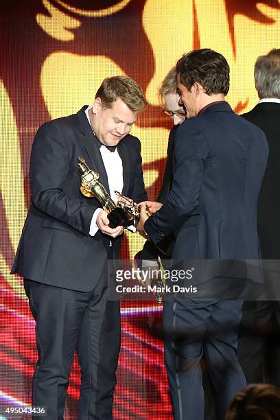 Honorees James Corden , Meryl Streep and Orlando Bloom stand onstage during the 2015 Jaguar Land Rover British Academy Britannia Awards presented by...