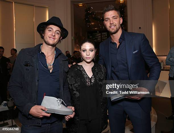 Matthew Chevallard, Michelle Trachtenberg and Chandler Parsons attend a Del Toro Chandler Parsons Event at Saks Fifth Avenue Beverly Hills on October...