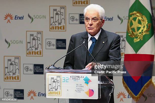 The Italian President Sergio Mattarella speaks at the 32nd Annual Meeting of ANCI at the Lingoto Fiere Auditorium.