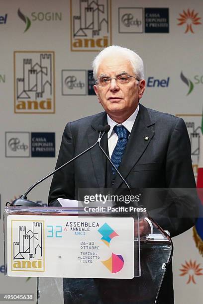 The Italian President Sergio Mattarella speaks at the 32nd Annual Meeting of ANCI at the Lingoto Fiere Auditorium.
