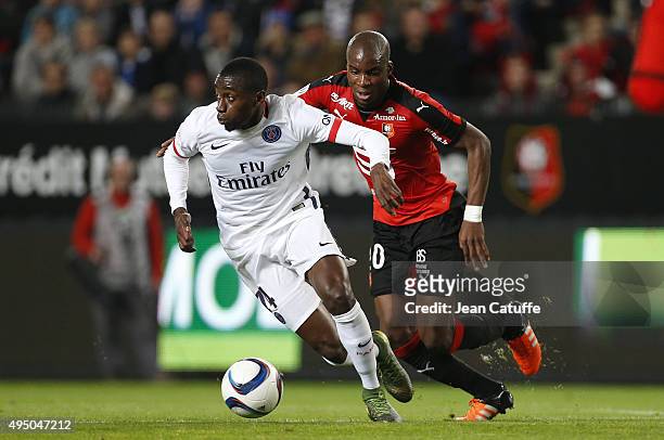 Blaise Matuidi of PSG and Yacouba Sylla of Rennes in action during the French Ligue 1 match between Stade Rennais and Paris Saint-Germain at Roazhon...