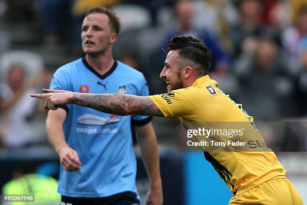 Roy O'Donovan of the Mariners celebrates a goal during the round four A-League match between the Central Coast Mariners and Sydney FC at Central...