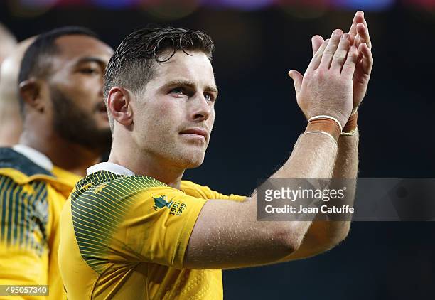 Bernard Foley of Australia thanks the fan after the Rugby World Cup 2015 match between Australia and Scotland at Twickenham Stadium on October 18,...