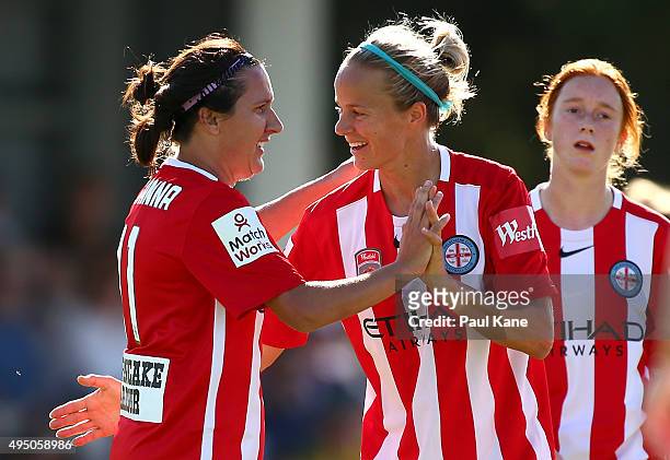 Lisa De Vanna of City is congratulated by Aivi Luik after scoring during the round three W-League match between Perth Glory and Melbourne City FC at...