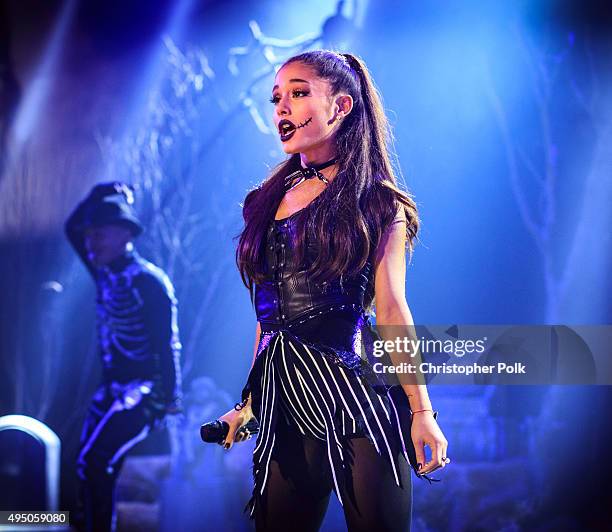 Singer Ariana Grande performs during IHeartMedia presents Ariana Grande World Premiere Event on the Honda Stage at iHeartRadio Theater on October 30,...