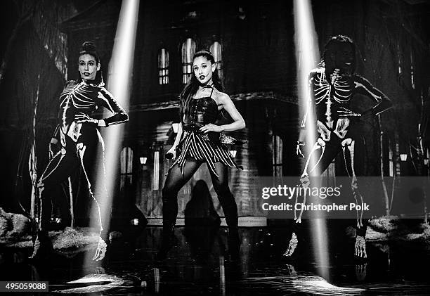 Singer Ariana Grande performs during IHeartMedia presents Ariana Grande World Premiere Event on the Honda Stage at iHeartRadio Theater on October 30,...