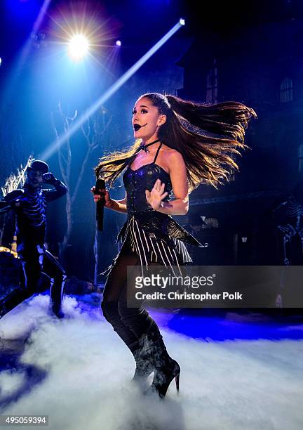 Singer Ariana Grande performs during IHeartMedia presents Ariana Grande World Premiere Event on the Honda Stage at iHeartRadio Theater on October 30,...