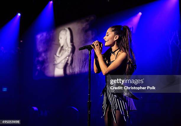 Singer Ariana Grande performs during IHeartMedia presents Ariana Grande World Premiere Event on the Honda Stage at iHeartRadio Theater on October 30,...