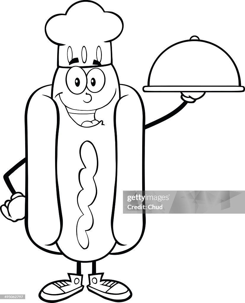 Black and White Hot Dog Chef Holding Platter