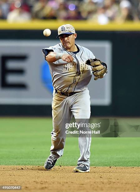 Everth Cabrera of the San Diego Padres throws the ball to first base against the Arizona Diamondbacks at Chase Field on May 26, 2014 in Phoenix,...