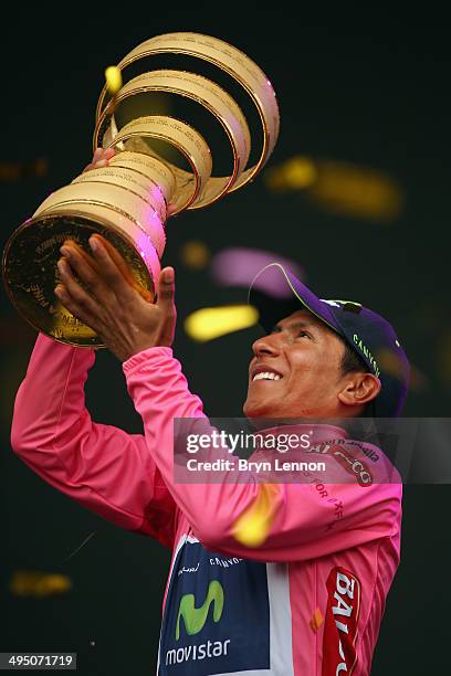 Nairo Quintana of Colombia and the Movistar Team celebrates winning the 2014 Giro d'Italia, a 172km stage between Gemona del Friuli and Trieste on...
