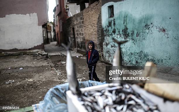 Boy walks past a fish vendor in Diyarbakir, southeastern Turkey, on October 31, 2015 on the eve of the country's general election. Turkish...