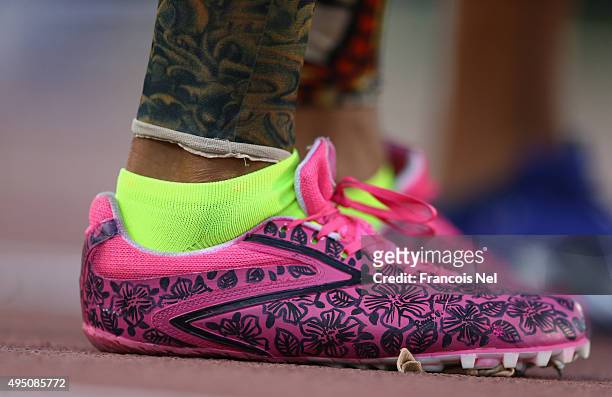 Detail of the shoes of Terezinha Guilhermina of Brazil as she competes in the women's 4x100m T11-13 final during the Evening Session on Day Ten of...
