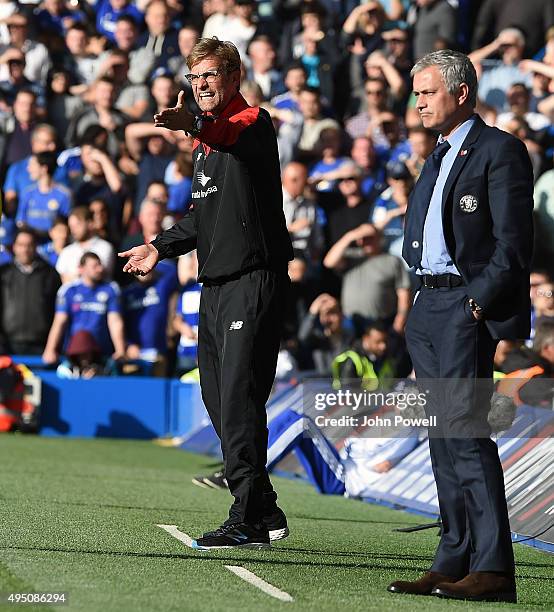 Jurgen Klopp manager of Liverpool and Jose Mourinho manager of Chelsea during the Barclays Premier League match between Chelsea and Liverpool at...