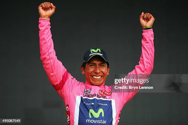 Nairo Quintana of Colombia and the Movistar Team celebrates winning the 2014 Giro d'Italia, a 172km stage between Gemona del Friuli and Trieste on...