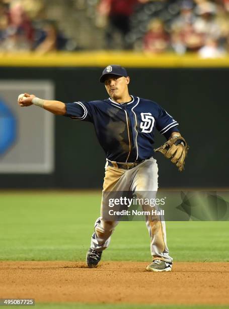 Everth Cabrera of the San Diego Padres throws the ball to first base against the Arizona Diamondbacks at Chase Field on May 27, 2014 in Phoenix,...