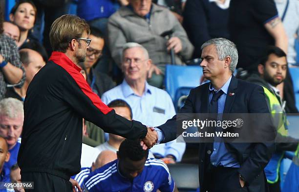 Jurgen Klopp, manager of Liverpool and Jose Mourinho Manager of Chelsea shake hands after the Barclays Premier League match between Chelsea and...