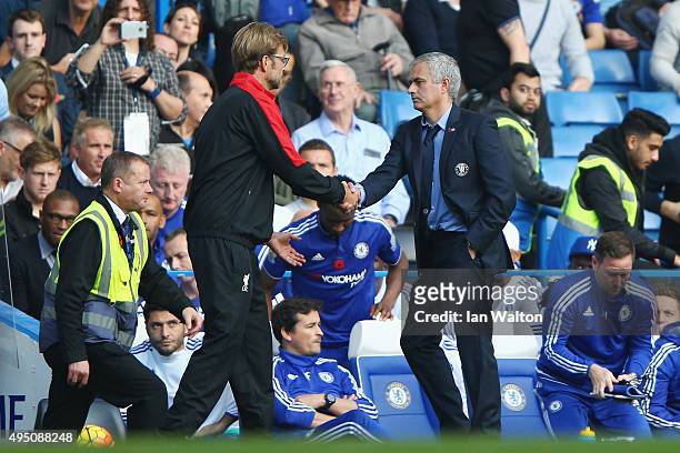 Jurgen Klopp, manager of Liverpool and Jose Mourinho Manager of Chelsea shake hands after the Barclays Premier League match between Chelsea and...