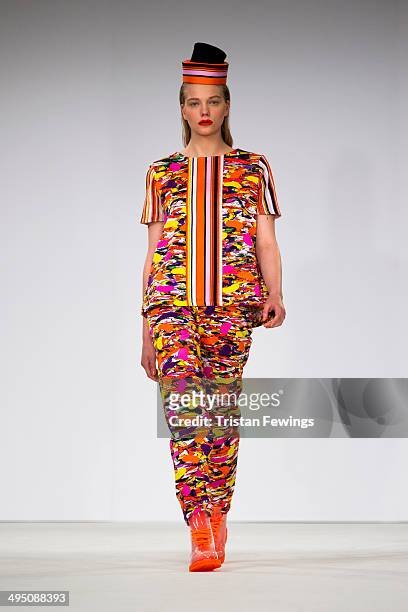 Model walks the runway wearing designs by Leanne Coomber during the Wiltshire College Salisbury show during day 2 of Graduate Fashion Week 2014 at...