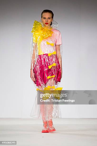 Model walks the runway wearing designs by Leanne Coomber during the Wiltshire College Salisbury show during day 2 of Graduate Fashion Week 2014 at...