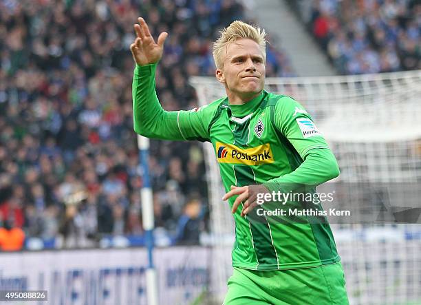 Oscar Wendt of Moenchengladbach jubilates after scoring the first goal during the Bundesliga match between Hertha BSC and Borussia Moenchengladbach...