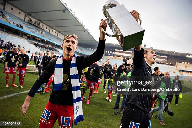 Norrkoping and Linus Dahlqvist and David Mitov Nilsson celebrate winning the Swedish League after the match between Malmo FF and IFK Norrkoping at...