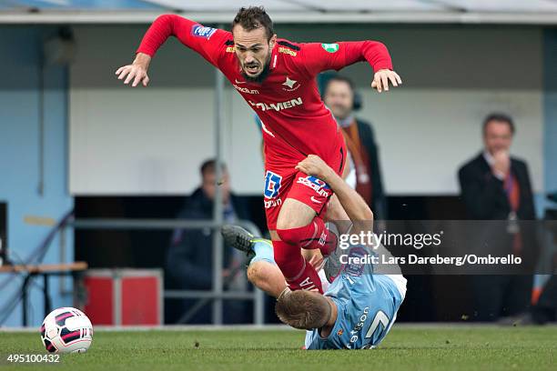 Emir Kujovic and Rasmus Bengtsson during the match between Malmo FF and IFK Norrkoping at Swedbank Stadion on October 31, 2015 in Malmo, Sweden.