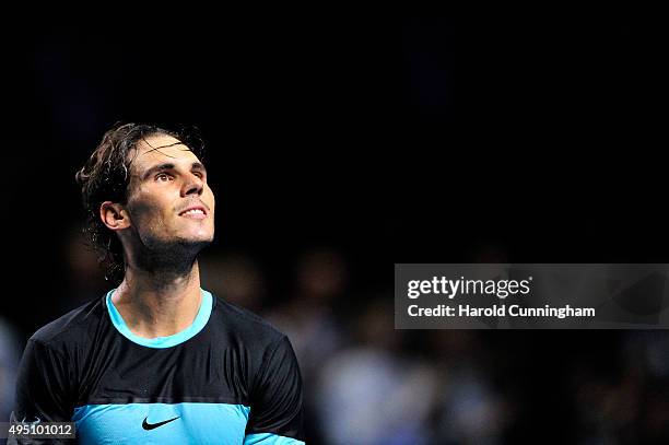 Rafael Nadal of Spain celebrates his victory during the sixth day of the Swiss Indoors ATP 500 tennis tournament against Richard Gasquet of France at...