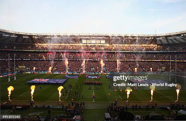 Fireworks go off as the New Zealand All Blacks and Australia teams prepare to line up for the national anthems prior to the 2015 Rugby World Cup...