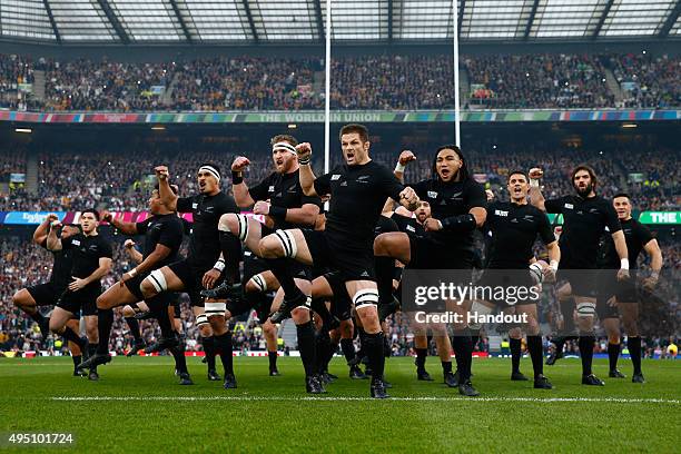 In this handout photograph provided by World Rugby via Getty Images, The New Zealand All Blacks perform The Haka during the 2015 Rugby World Cup...