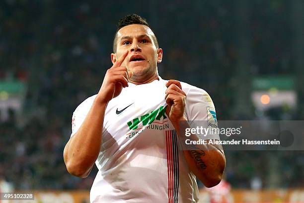 Raul Bobadilla of Augsburg celebrates scoring the 3rd team goal during the Bundesliga match between FC Augsburg and 1. FSV Mainz 05 at WWK Arena on...